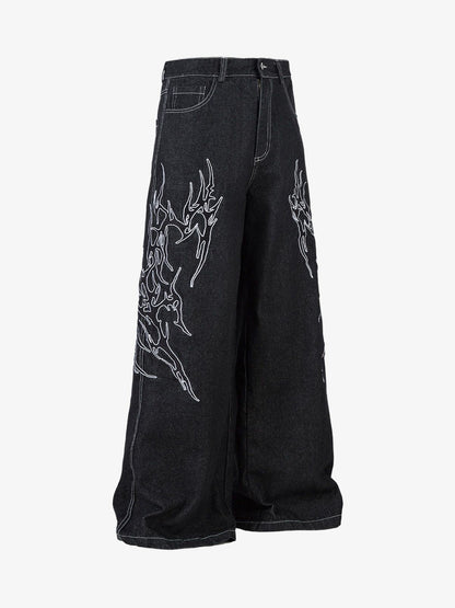 Embroidered Flame Baggy Jeans