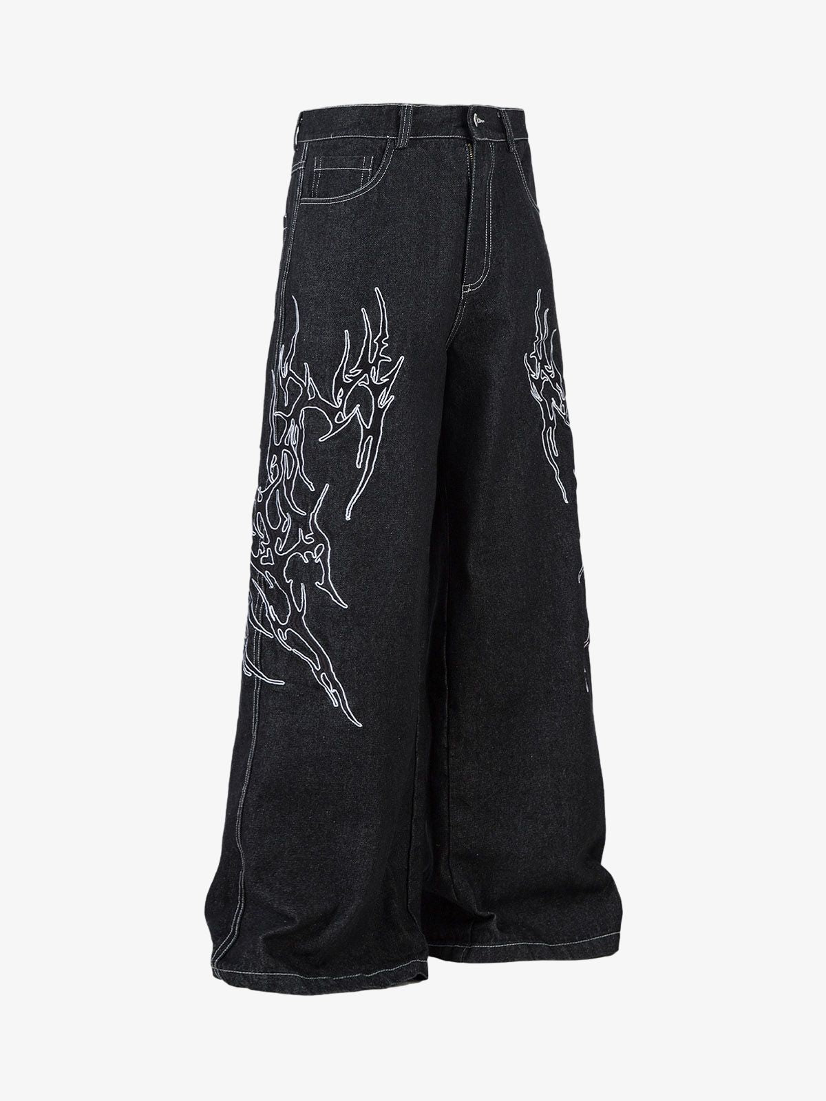 Embroidered Flame Baggy Jeans