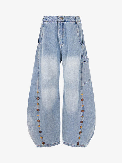 Button Embroidered Barrel Jeans