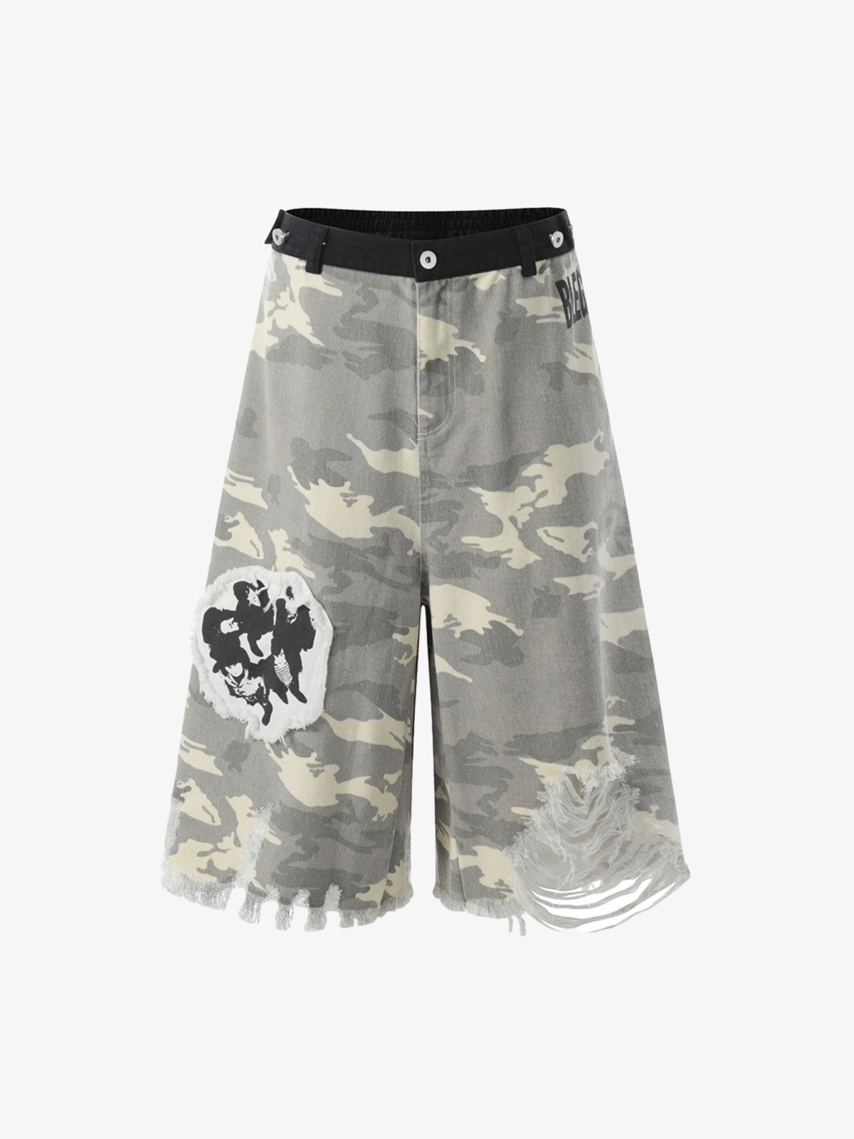 Ripped Applique Embroidered Camouflage Jorts