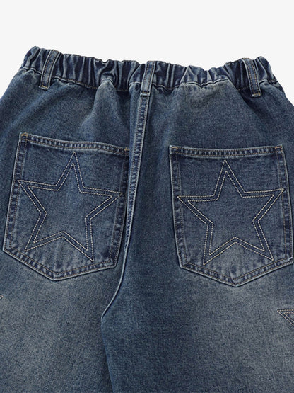 Street Patchwork Star Embroidered Denim Shorts - 2133