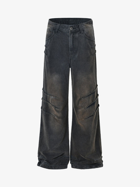 Washed Pleated Straight Jeans - 2263
