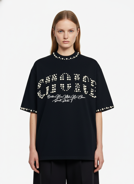 Elegant Pearl-Embellished Oversized T-Shirt