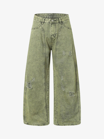 Washed Distressed Ripped Barrel Jeans