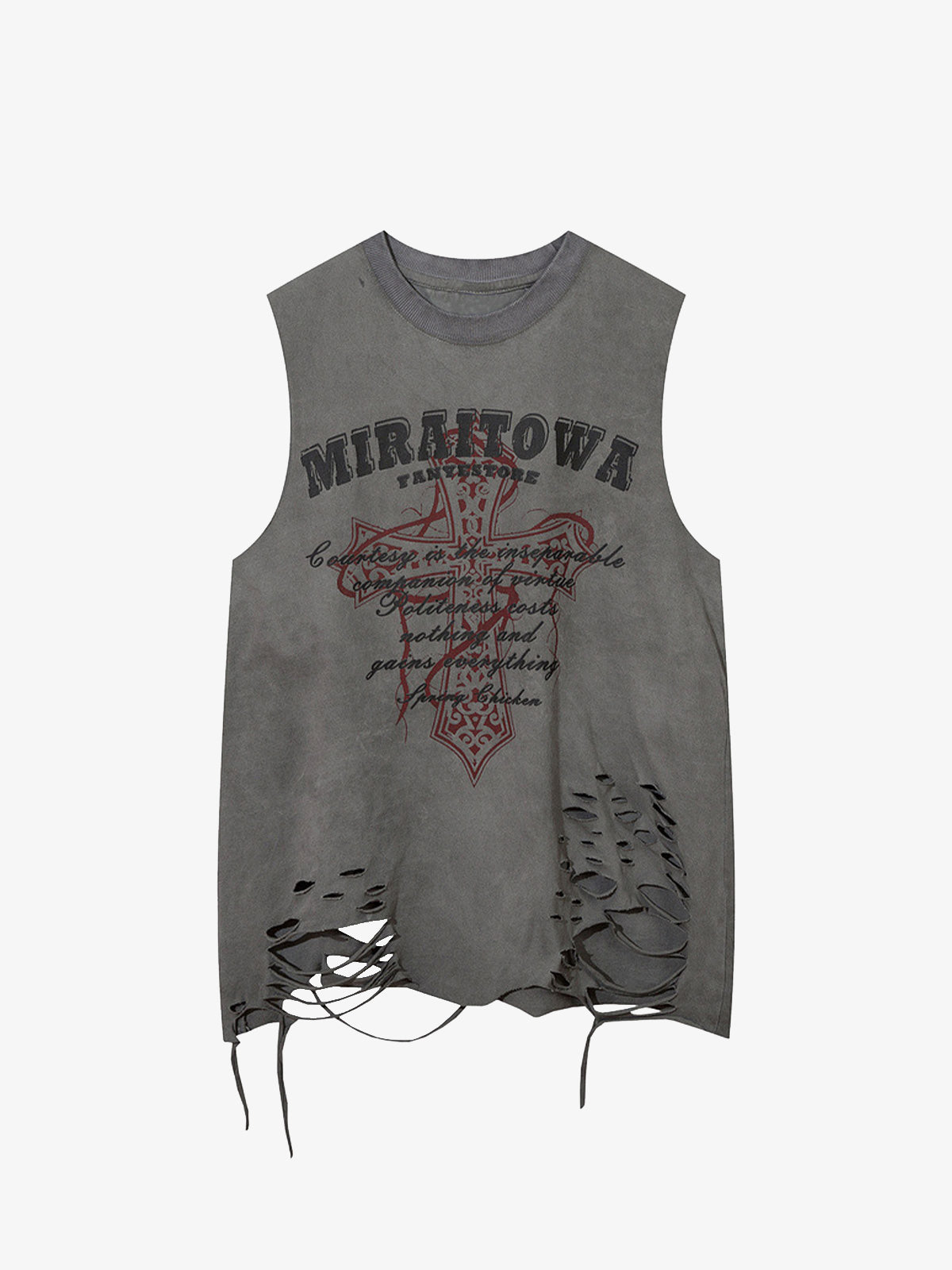 Distressed Ripped Graphic Cross Print Vest