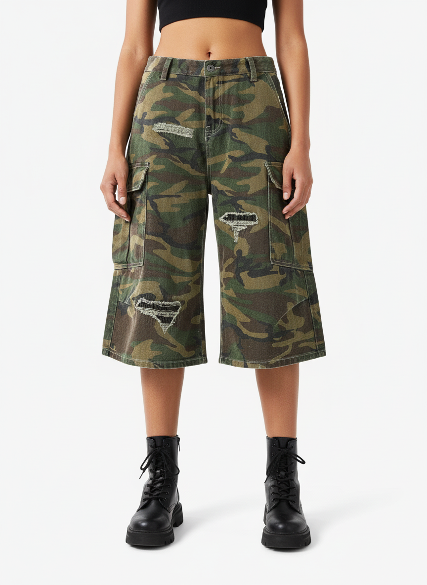Retro Ripped Camouflage Cropped Jorts - 2387