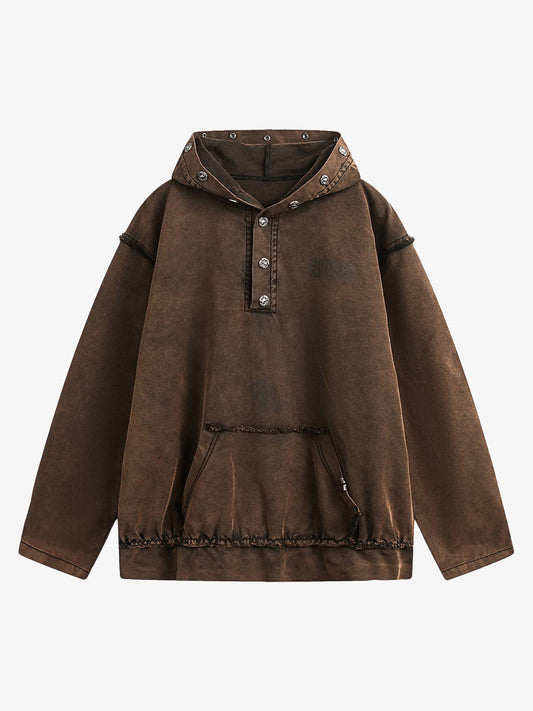Distressed Washed Rivet Hooded Denim Sweatshirt