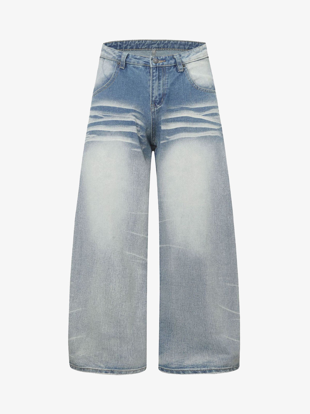 Distressed Washed Whisker Pleated Barrel Jeans