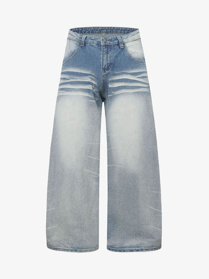 Distressed Washed Whisker Pleated Barrel Jeans