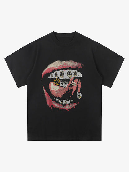 Street Retro Washed Lip Print T-shirt