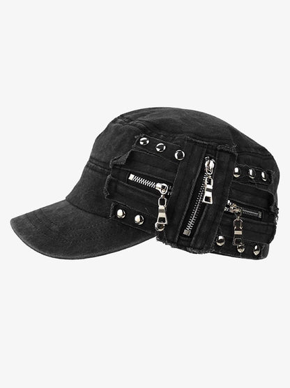 Washed Rivet Zipper Flat Top Cap