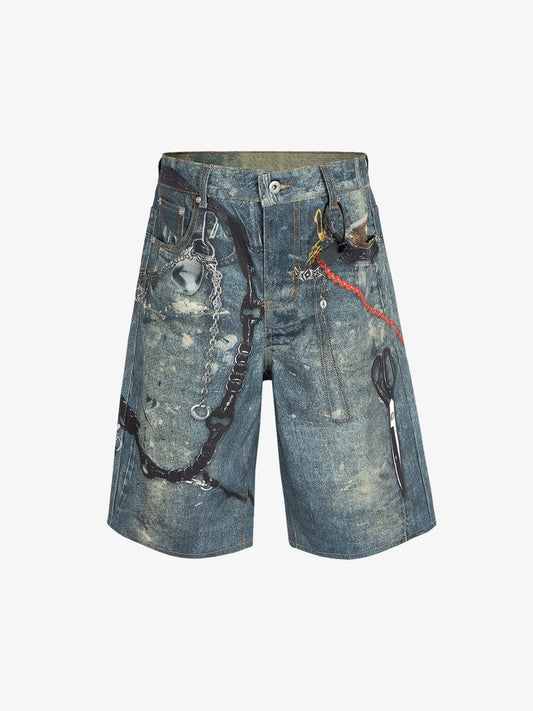 Retro Scissors Print Cropped Denim Shorts