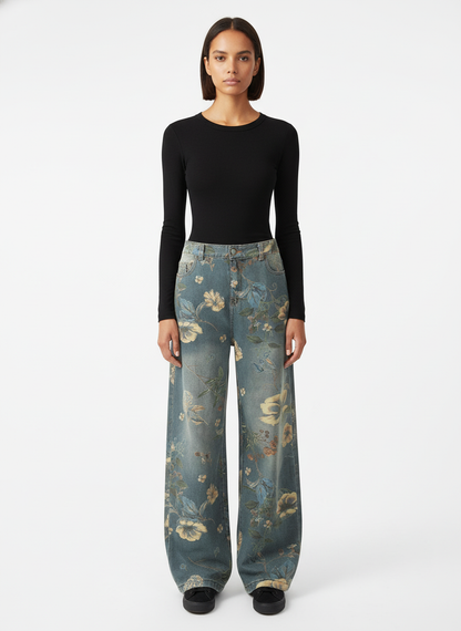 Denim Floral Print Carpenter Jeans - 2237