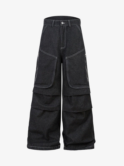Deconstructed Split Topstitched Pleated Pocket Jeans