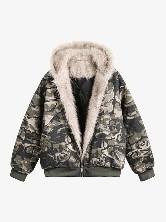 Thesupermade Camouflage Fur Hooded Jacket - 2353