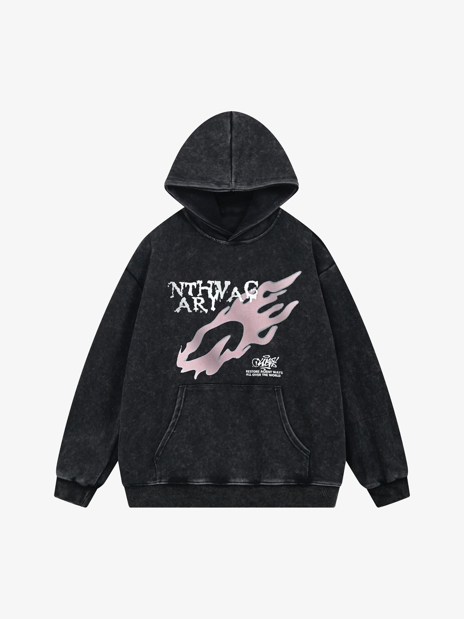 Thesupermade Washed Flame Printed Hooded Fleece Sweatshirt
