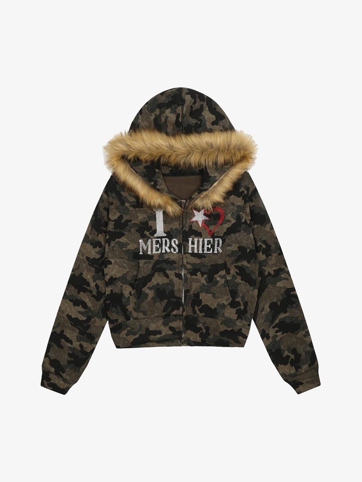 Hotfix Rhinestones Camouflage Fur Hooded Fleece Jacket - 2357
