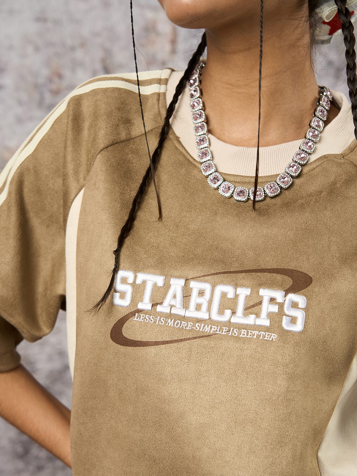 Suede Contrast Color Spliced Letter Embroidery Oversize T-shirt