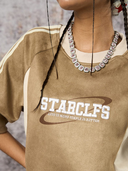 Suede Contrast Color Spliced Letter Embroidery Oversize T-shirt