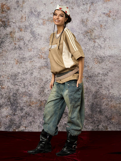 Suede Contrast Color Spliced Letter Embroidery Oversize T-shirt
