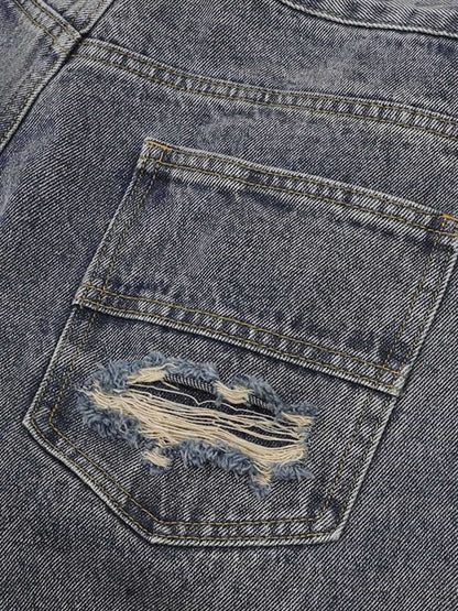 Thesupermade Patchwork Camouflage Ripped Shirt Jorts Denim Suit