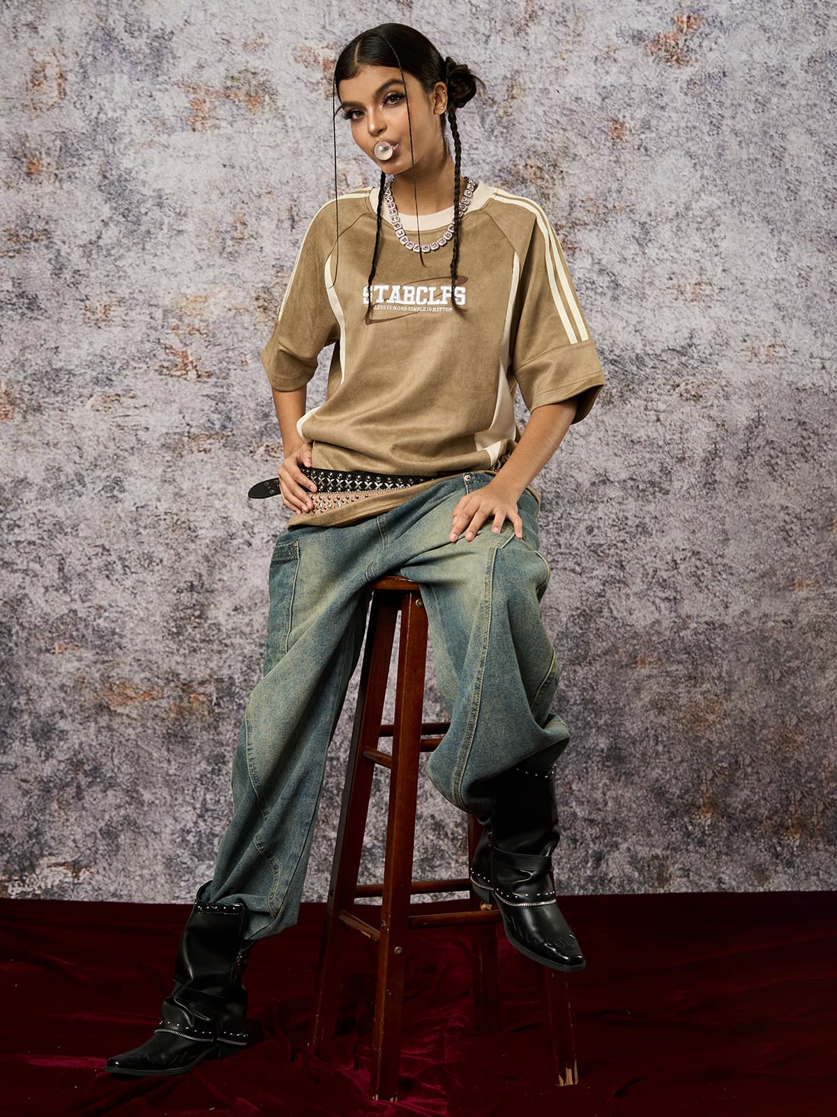 Suede Contrast Color Spliced Letter Embroidery Oversize T-shirt