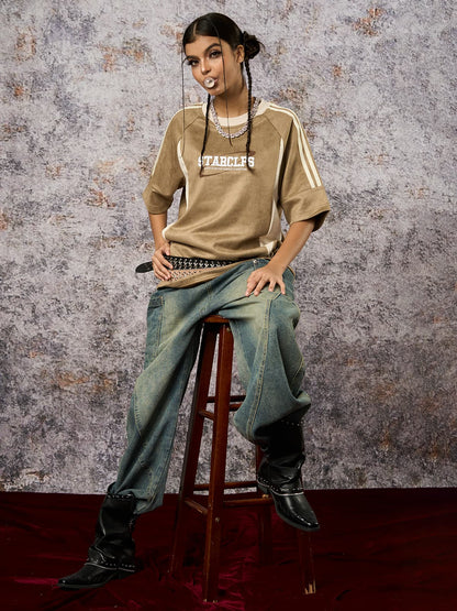 Suede Contrast Color Spliced Letter Embroidery Oversize T-shirt