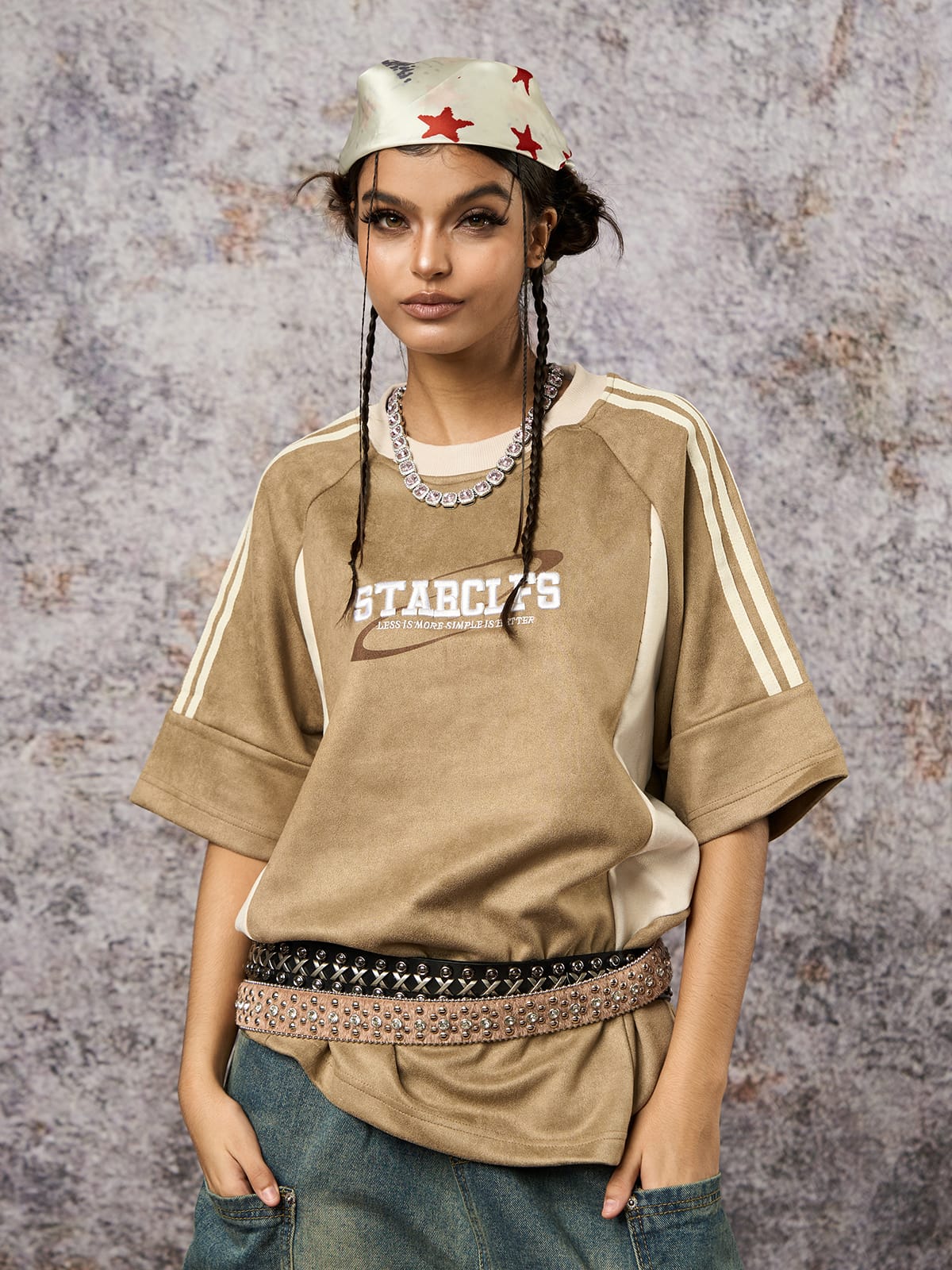 Suede Contrast Color Spliced Letter Embroidery Oversize T-shirt
