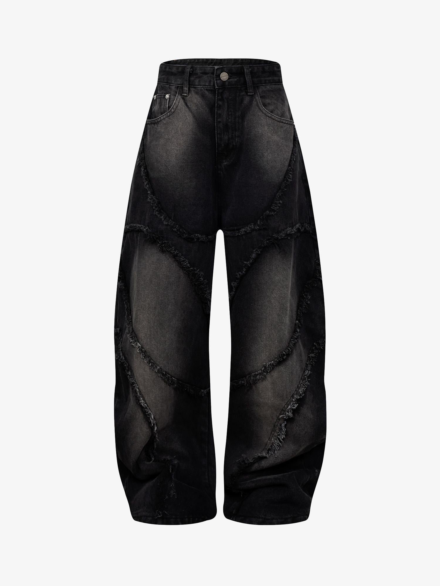 Washed Distressed Raw Edge Barrel Jeans - 2402