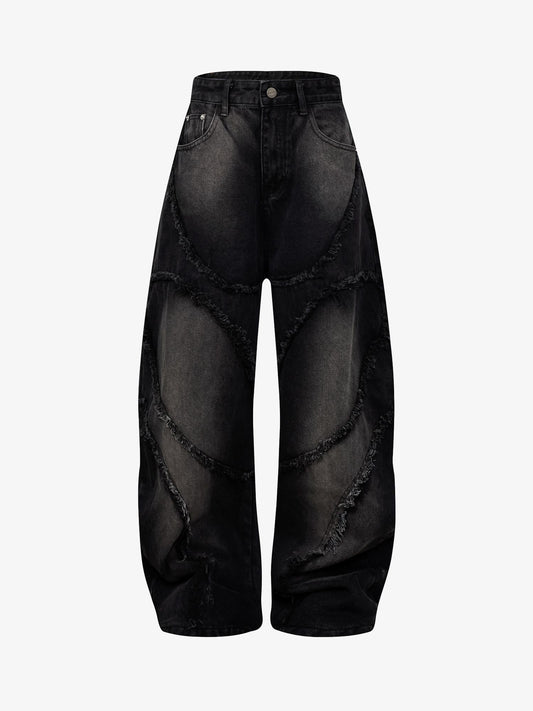 Washed Distressed Raw Edge Barrel Jeans - 2402