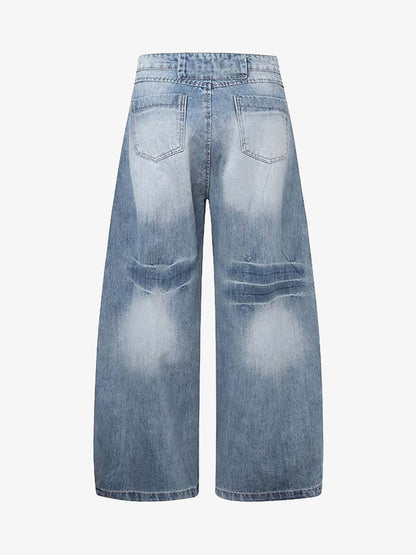 Distressed Washed Deconstructed Barrel Jeans