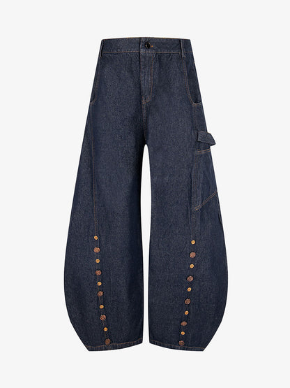 Button Embroidered Barrel Jeans