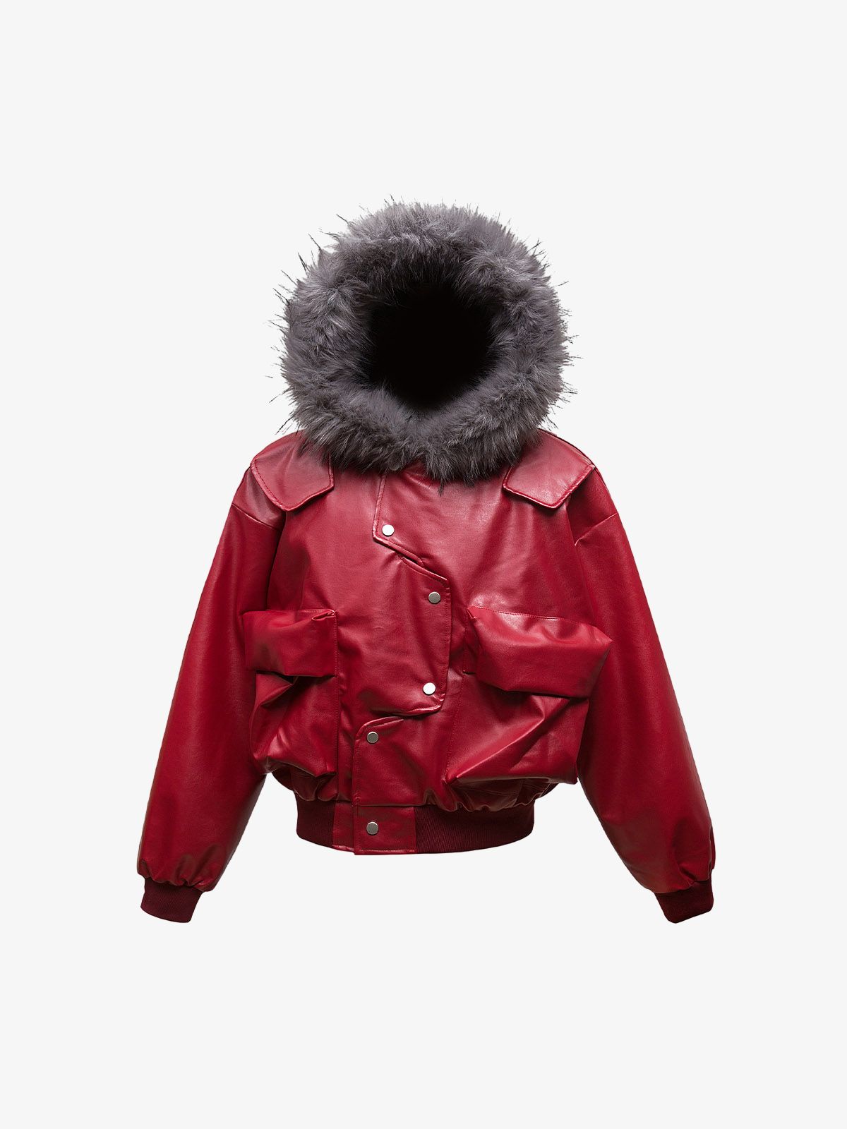 Deconstructed Multi Pocket Fur Hooded PU Leather Jacket