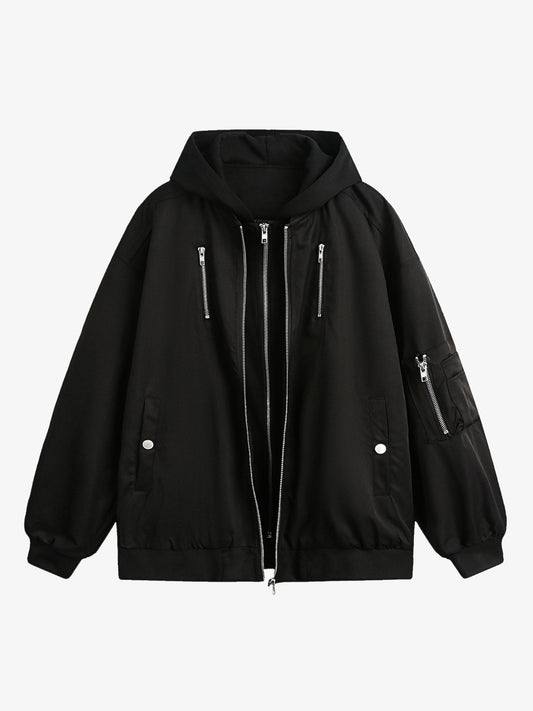 Faux Two-Piece Multi Pocket Spliced Hooded Bomber Jacket