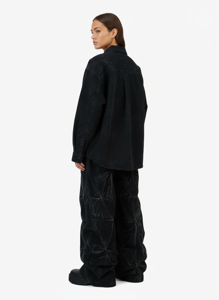 Denim Heavy Washed Distressed Pleated Baggy Jeans - 2282