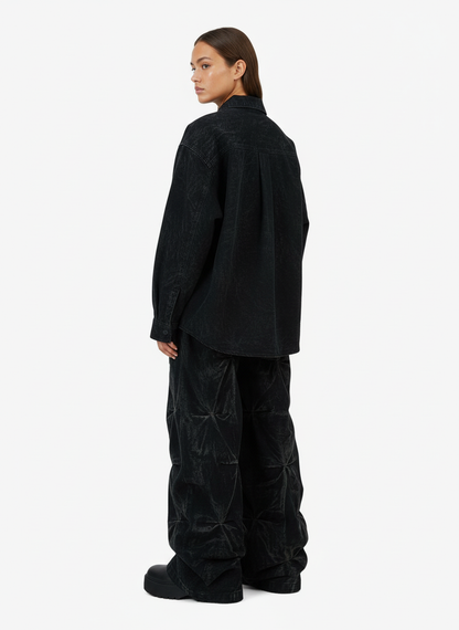 Denim Heavy Washed Distressed Pleated Baggy Jeans - 2282