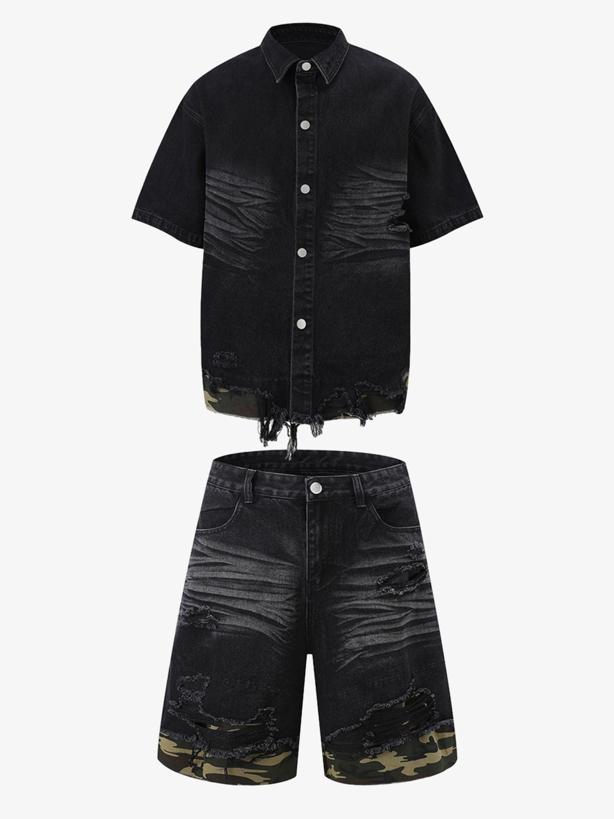 Thesupermade Patchwork Camouflage Ripped Shirt Jorts Denim Suit