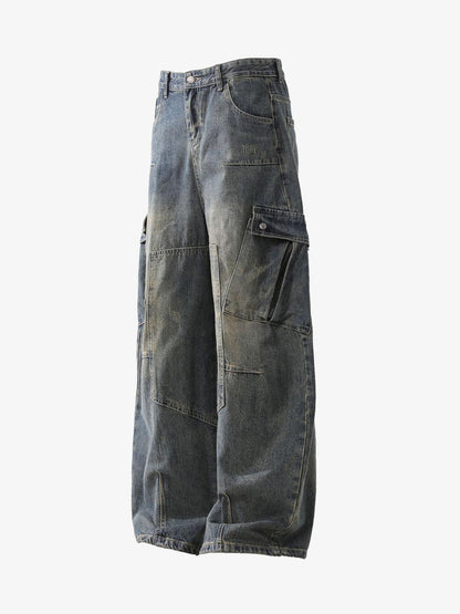Washed Multi-Pocket Baggy Barrel Cargo Jeans