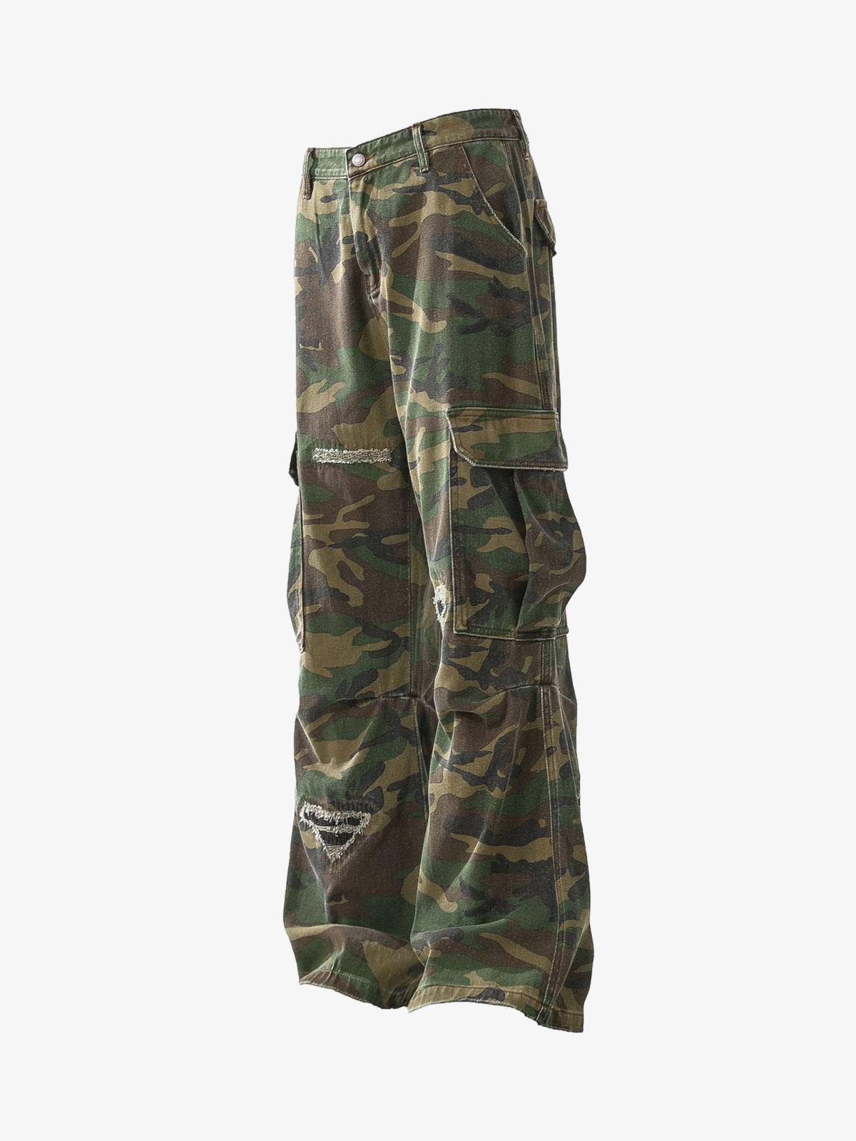 Ripped Camouflage Flared Cargo Pants - 2410