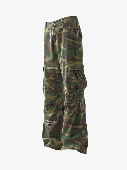 Ripped Camouflage Flared Cargo Pants - 2410