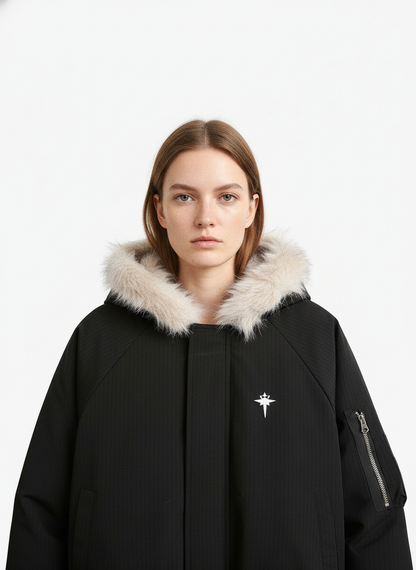 Retro Fur Hooded Fleece Bomber Jacket - 2478