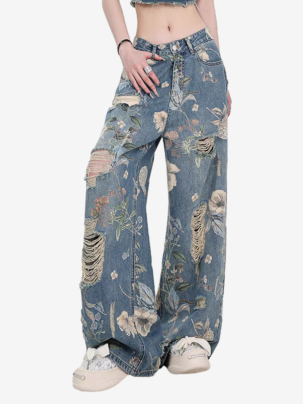 Vintage Washed Distressed Floral Ripped Baggy Jeans