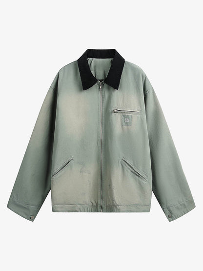 Washed Ripped Gradient Zip Up Work Jacket