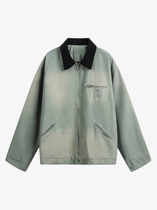 Washed Ripped Gradient Zip Up Work Jacket