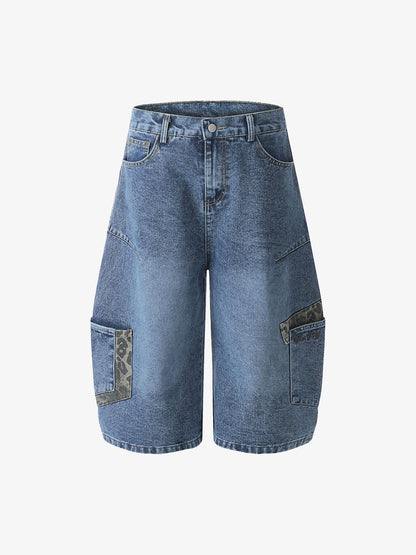 Washed Cheetah Print Patchwork Denim Jorts