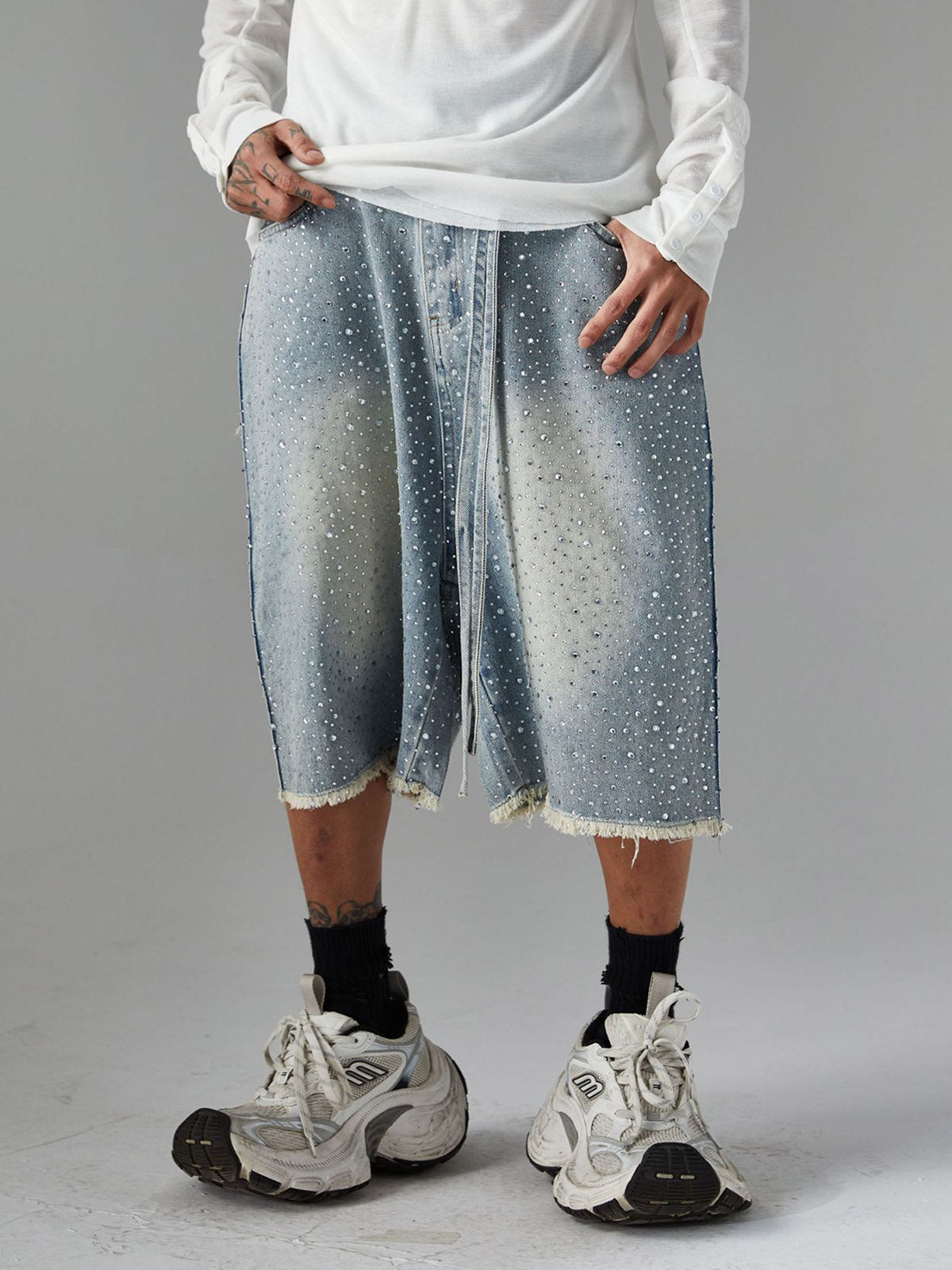 Distressed Rhinestone Denim Jorts - 2454