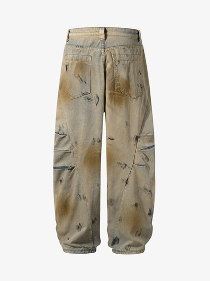 Washed Graffiti Spray Paint Barrel Jeans
