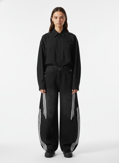 Denim Contrast Striped Stitching Barrel Jeans - 2504