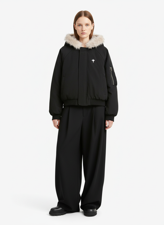 Retro Fur Hooded Fleece Bomber Jacket - 2478