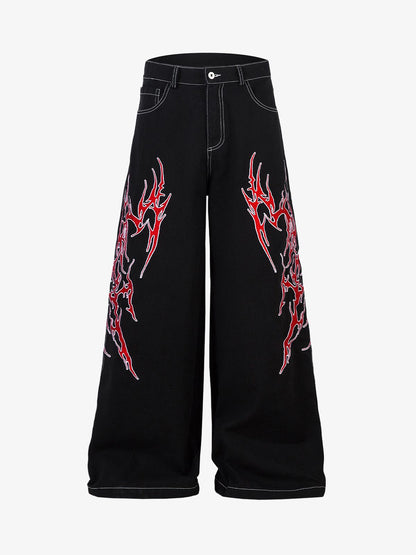 Contrast Flame Embroidered Baggy Jeans - 2364